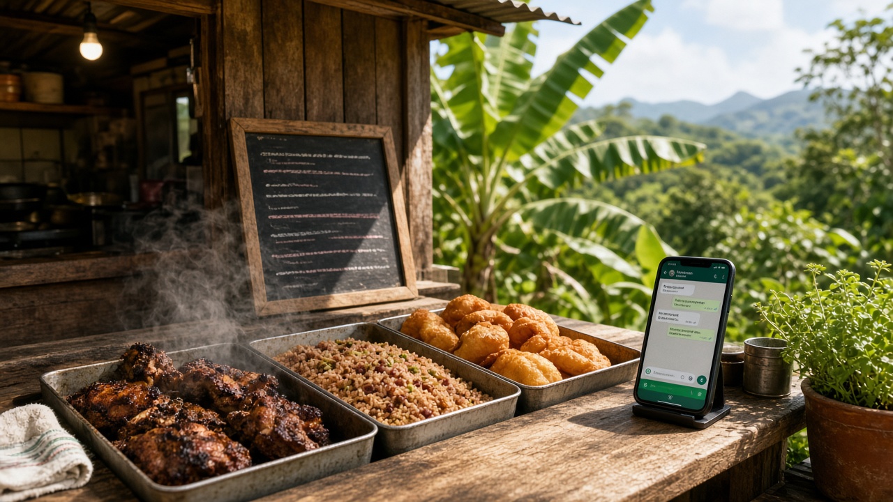 Jamaican cook shop with food trays and phone orders