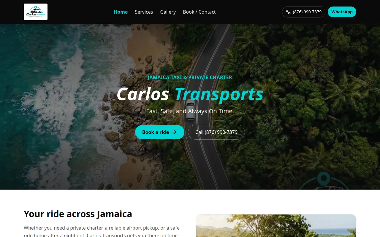 Carlos Transports website showing Jamaica taxi and private charter booking