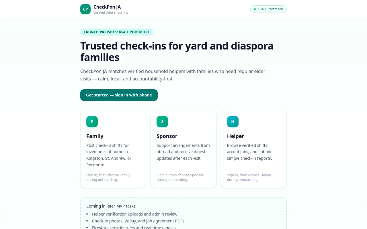 CheckPon JA elder-care marketplace prototype homepage