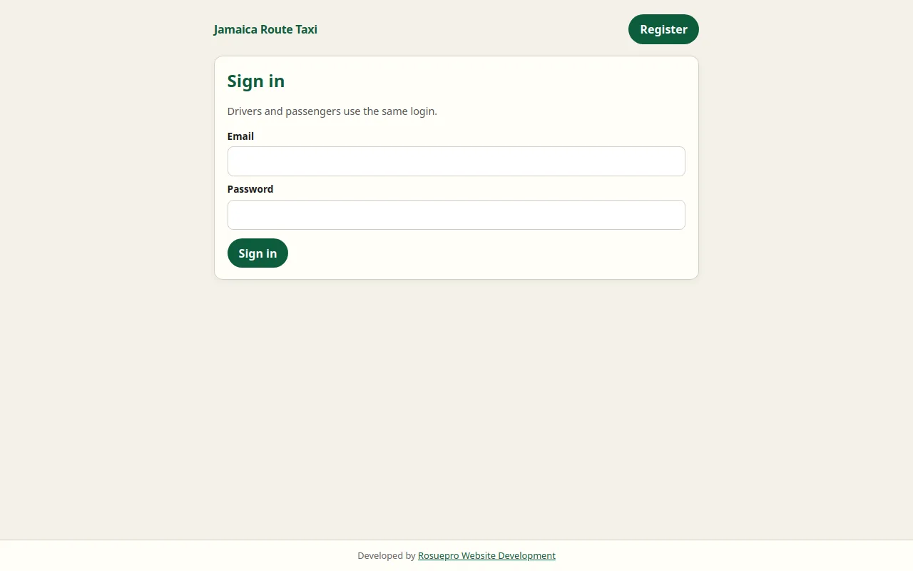 Jamaica Route Taxi sign-in page for drivers and passengers