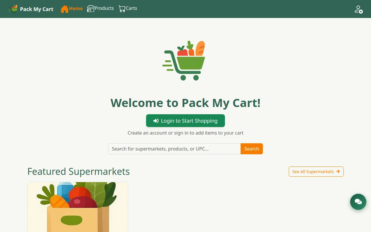 Pack My Cart supermarket website homepage