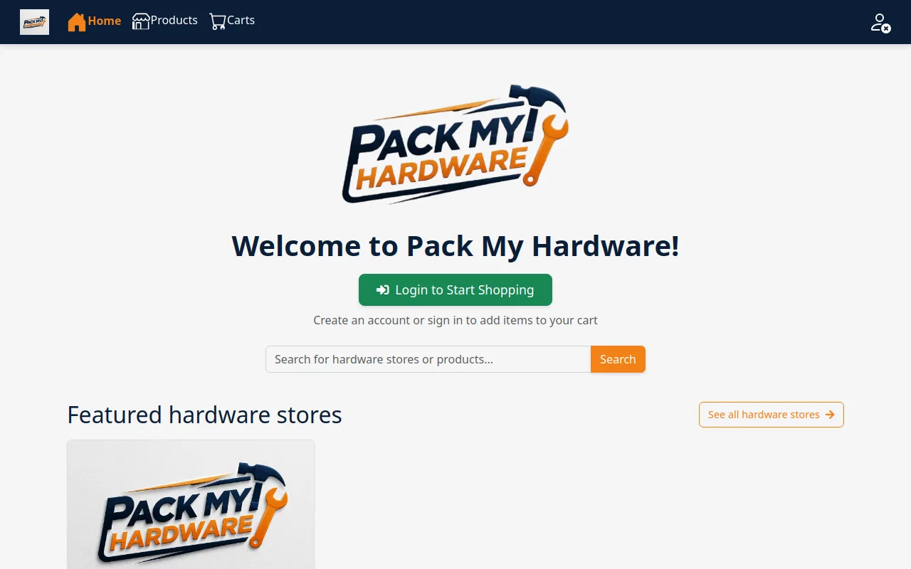 Pack My Hardware storefront showing featured stores and products