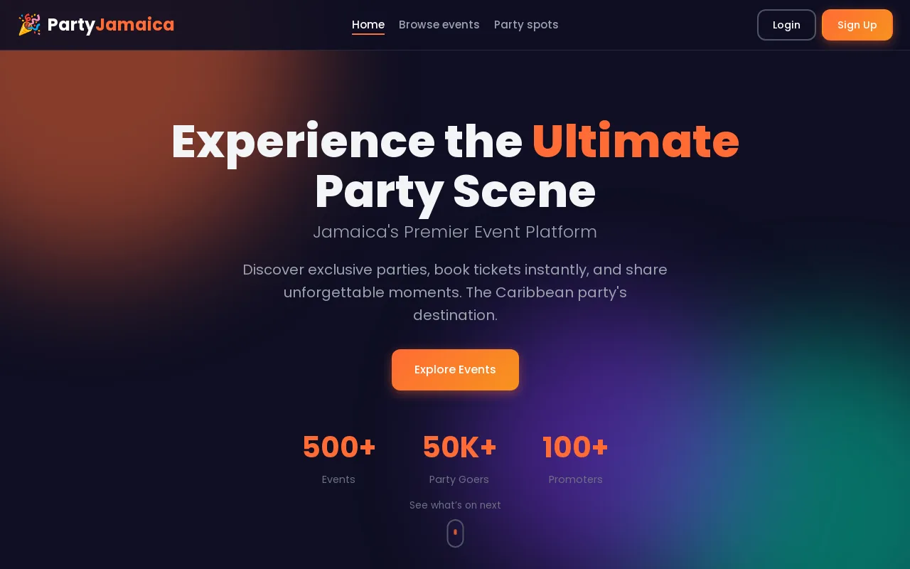 Party Jamaica event platform with featured party and map sections