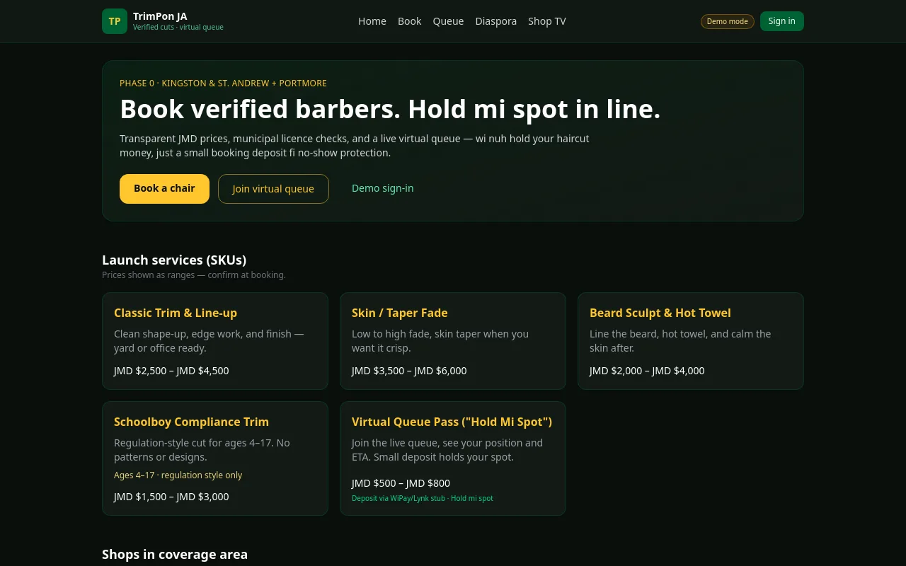 TrimPon JA barber booking and queue prototype homepage