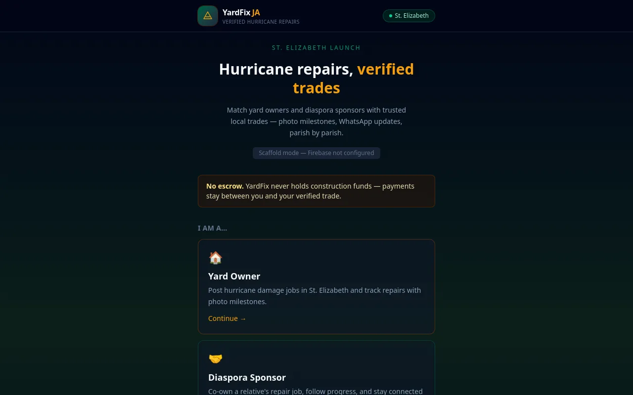 YardFix JA trades and hurricane repair prototype homepage