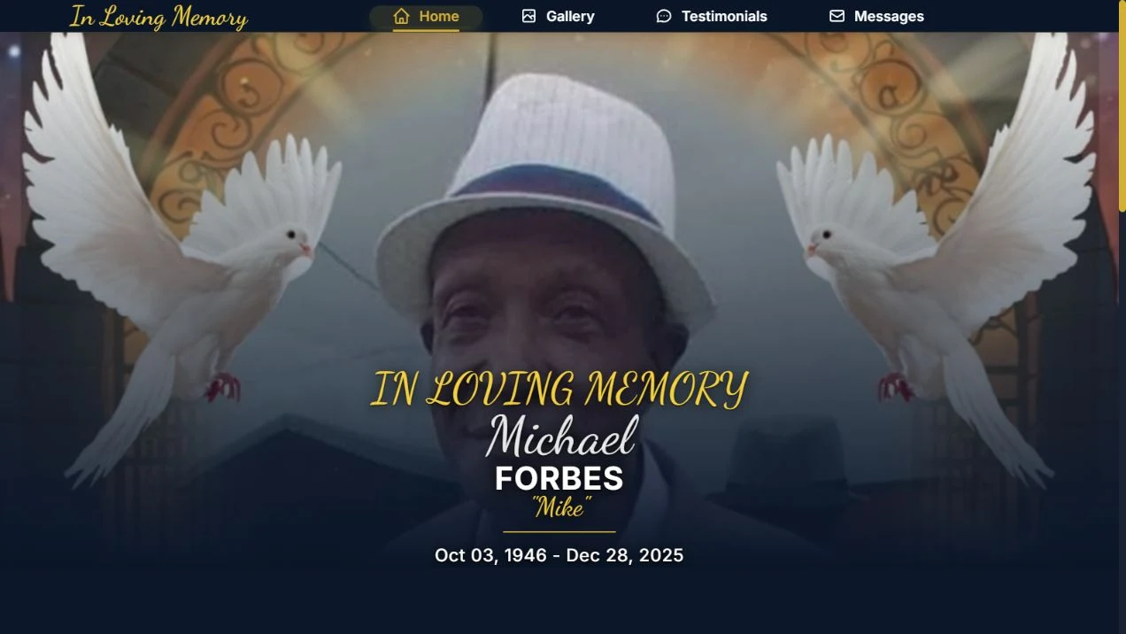 Funeral Template website showing its memorial homepage with white doves