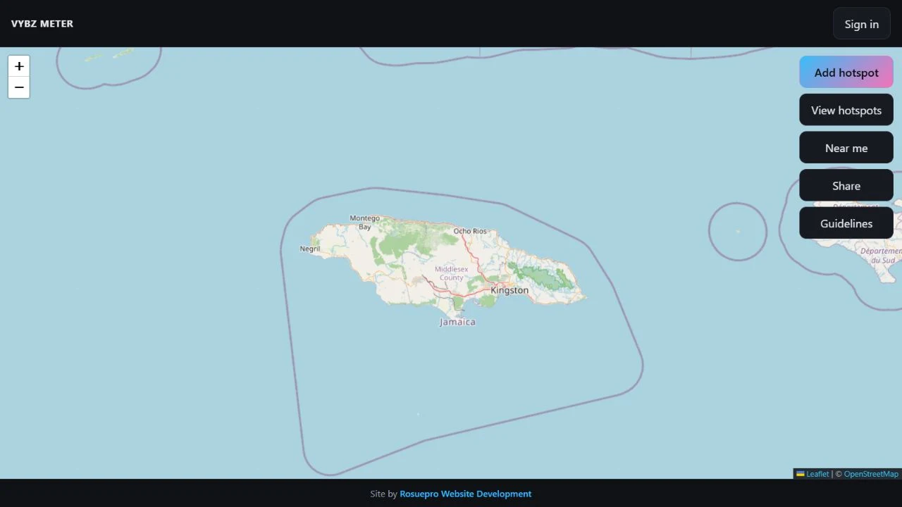 Vybz Meter website showing its interactive Jamaica hotspots map