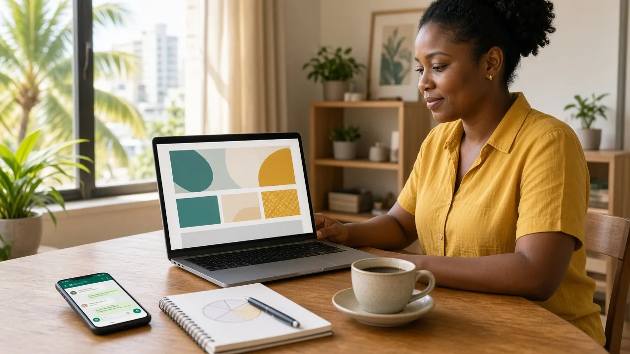 Kingston business owner reviewing a landing page on a laptop with WhatsApp open on her phone