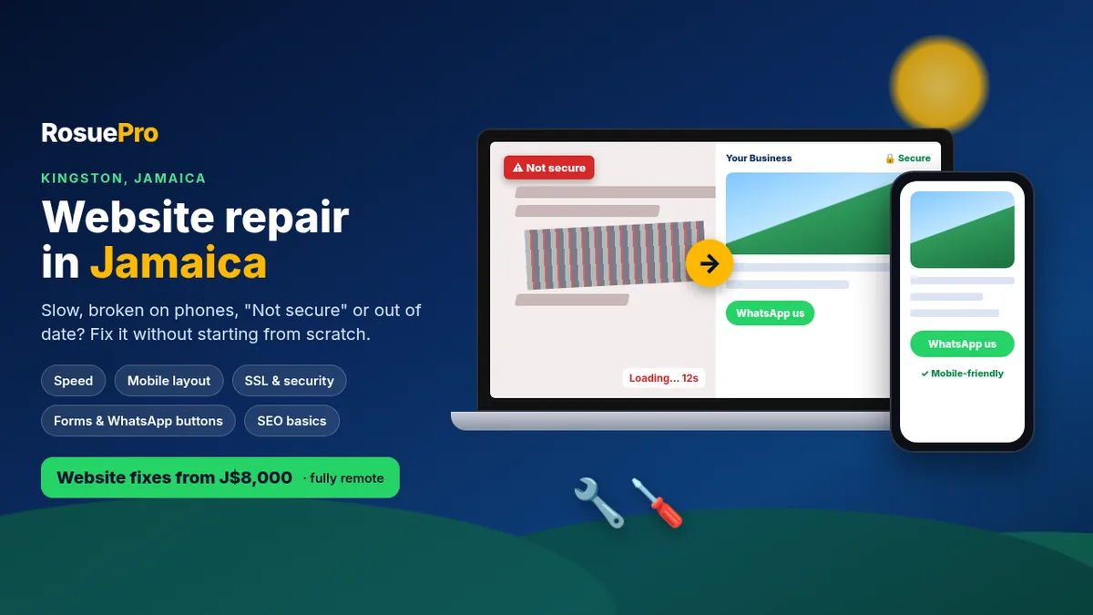 Laptop showing a broken business website on one side and the repaired, mobile-friendly version on the other, beside a phone and repair tools in a Jamaican home office