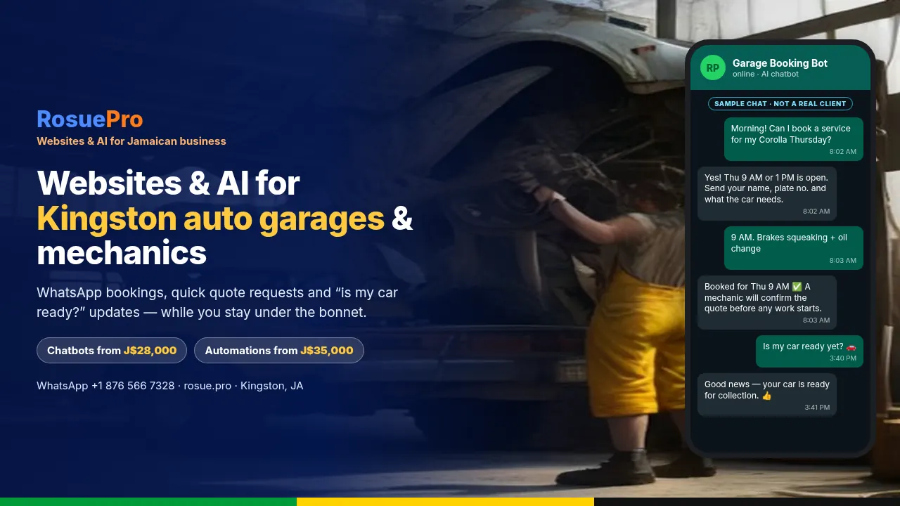 Mechanic working under a car on a lift in a Kingston garage, with a WhatsApp booking chat on a phone
