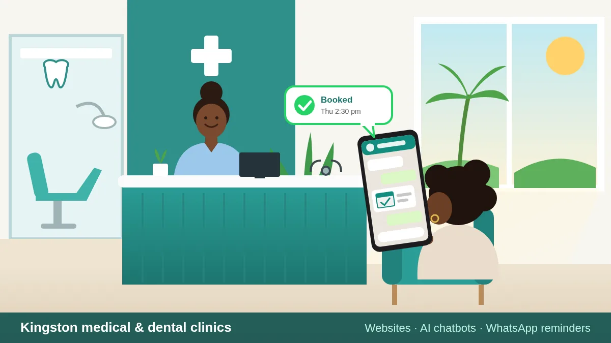 Receptionist at a bright Kingston medical and dental clinic front desk while a patient books an appointment on her phone