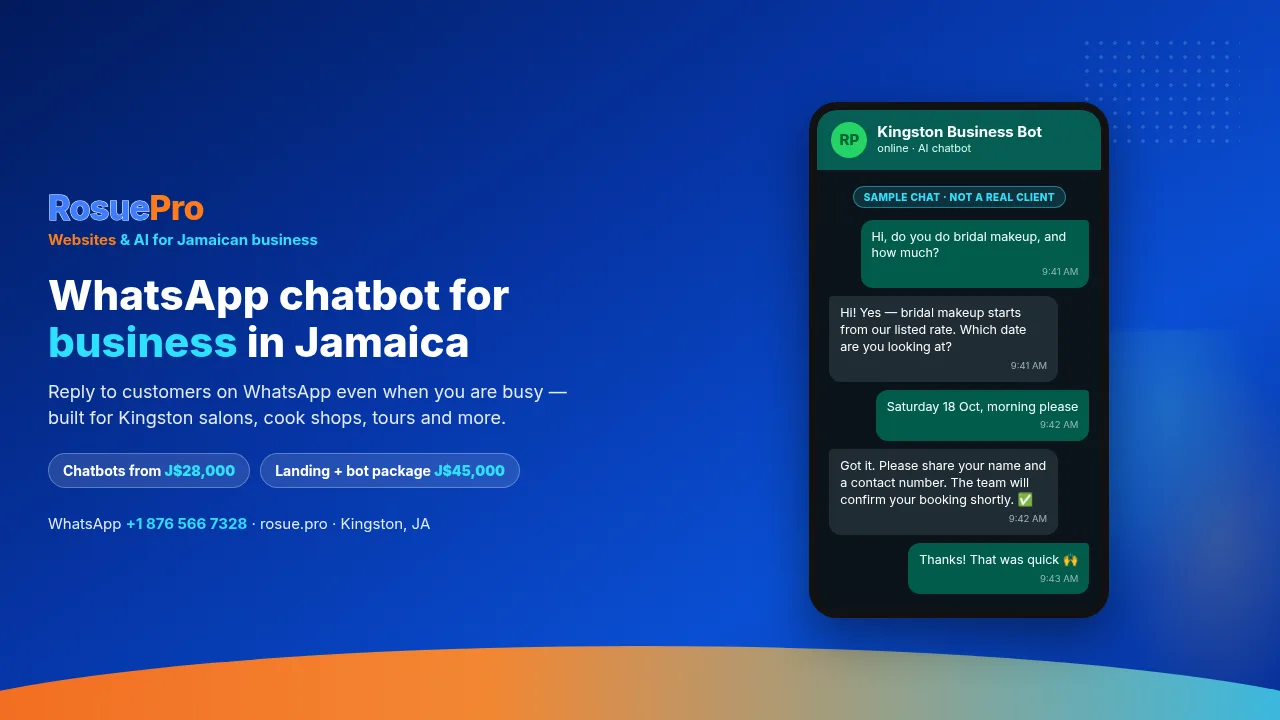 Smartphone showing a WhatsApp business chatbot conversation for a Jamaican small business
